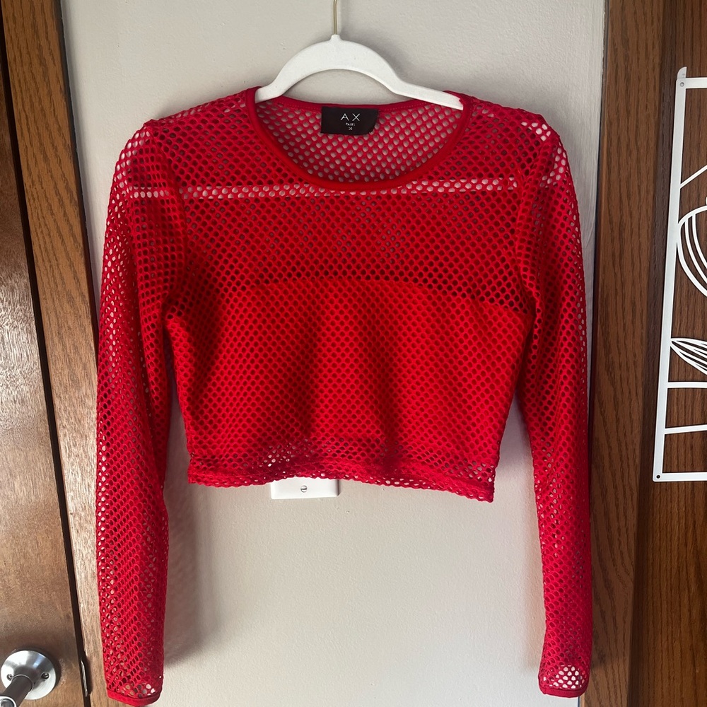 AX Paris Red Fishnet Long Sleeved Crop Top Y2K Style Size UK 14 fits like a Med.